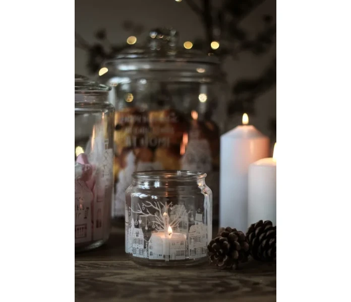 29777 75 majas cottage christmas town lasipurkki lyhty 10 x 10 cm talo talot kaupunki siluetti 2 kuva