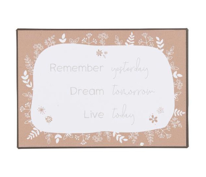 70138 00 ib laursen metallikyltti metallskylt remember yesterday dream tomorrow live today tumma persikka mork persika kukkia blommor valkoinen vit kuva