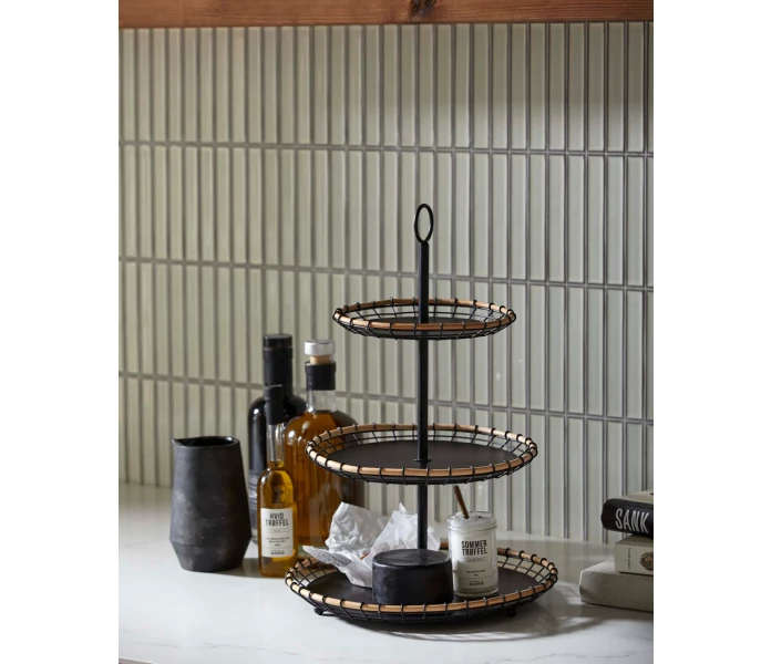 4509 Nordal kerrostarjotin vaningsfat kolmekerroksinen tarjotin trevanings bricka metalli bambo bambu metall musta svart 2 kuva