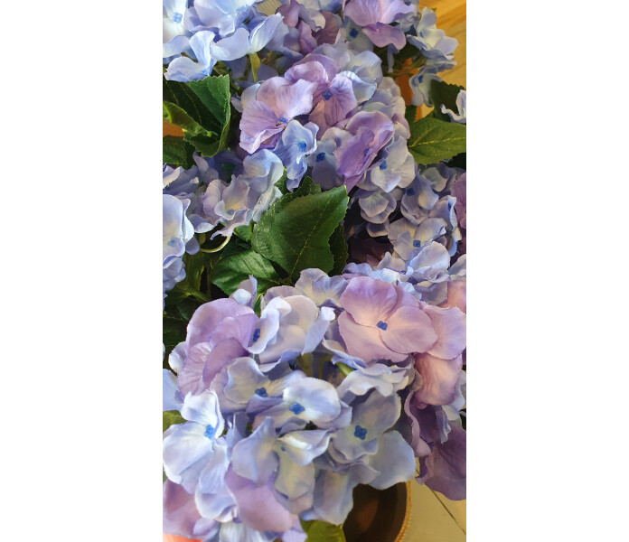 mr plant silkkikukka tekokukka koristekukka sininen hortensia ruukussa kuva